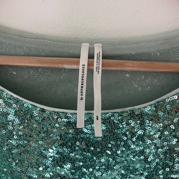 By Anthropologie Sequin Glitter Short Sleeve Cropped Turquoise Top, Size Small - Picture 8 of 12